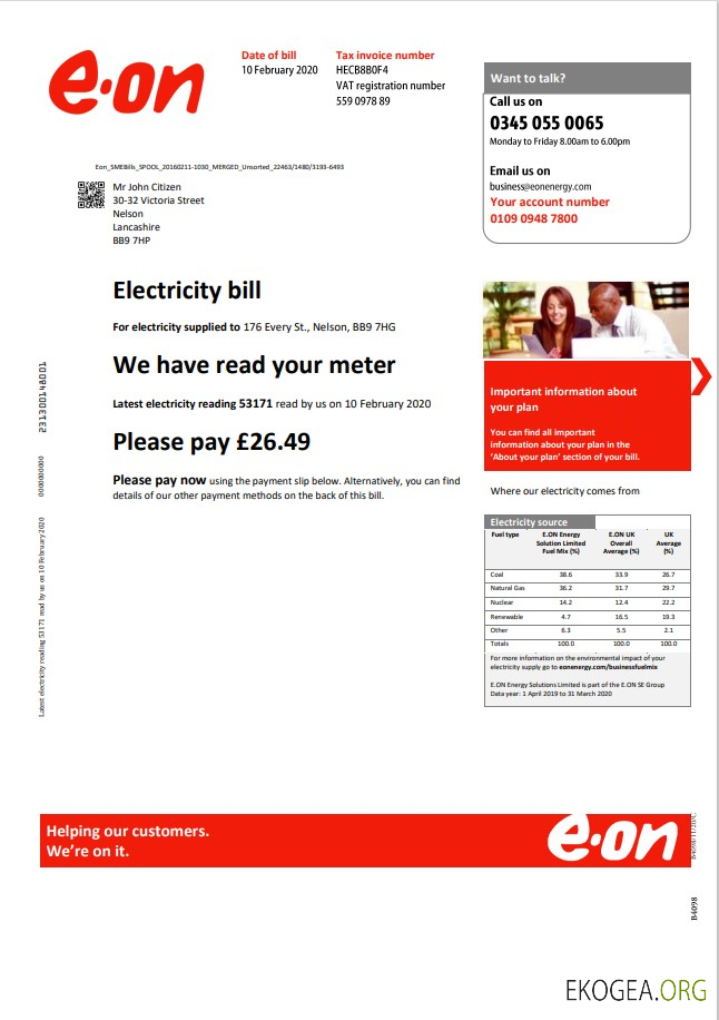 United Kingdom E.ON utility bill template in Word and PDF format, version 3 1